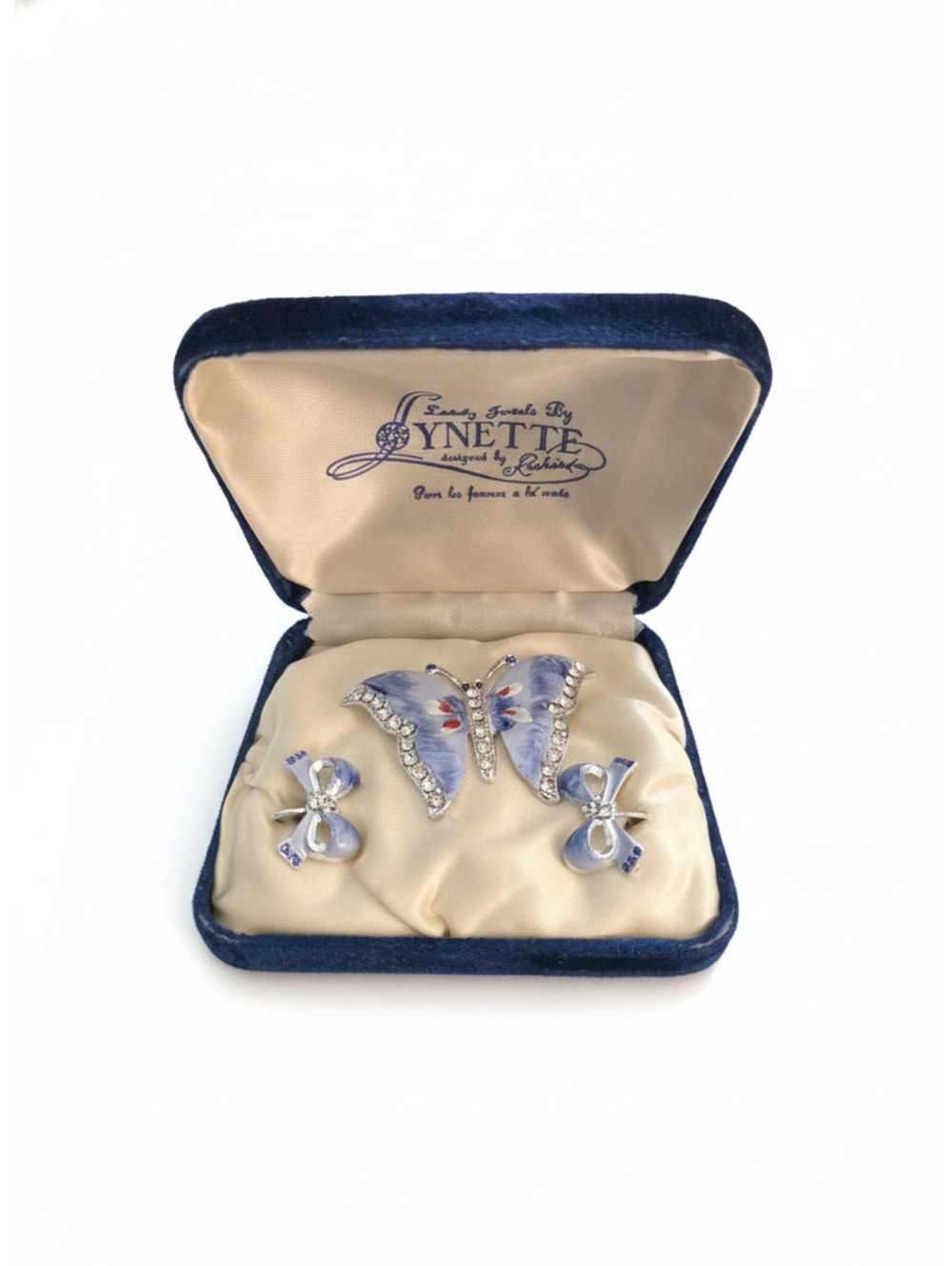 Lynette Butterfly and Bow Pin Brooch Set in Blue and Silver with Rhinestones